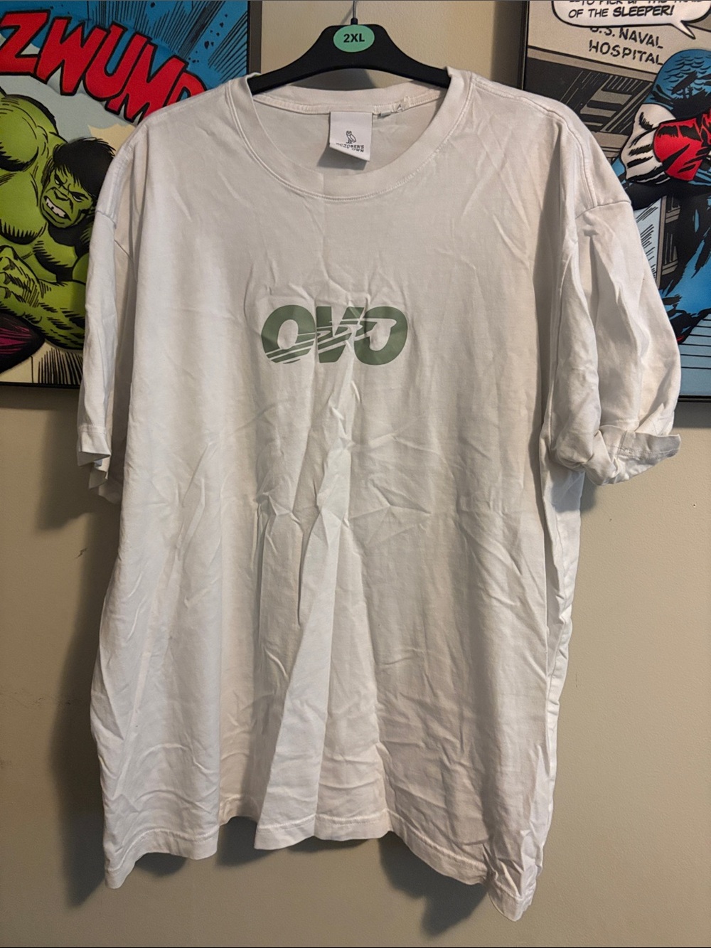 OVO White Short Sleeve Tee with Olive Green Logo